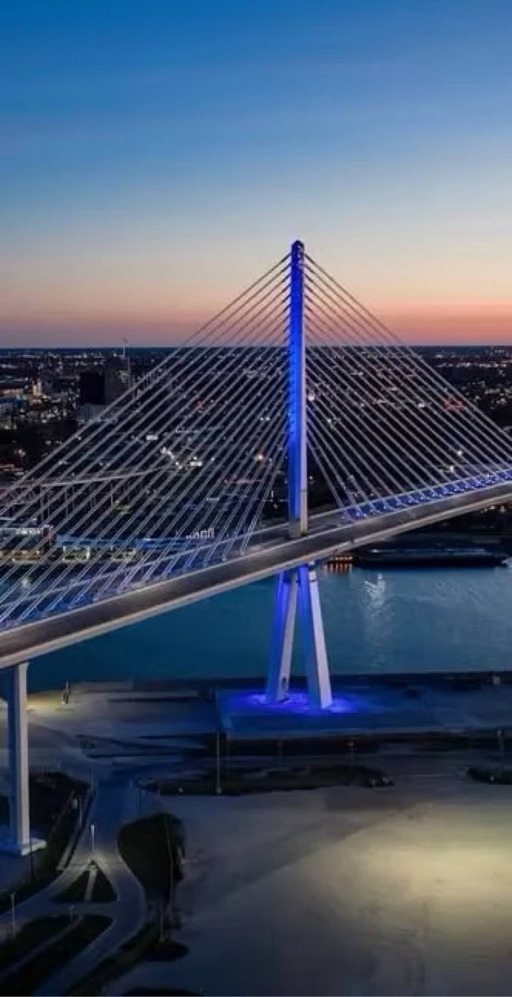 New cable-stayed Corpus Christi Harbor Bridge illuminated at dusk