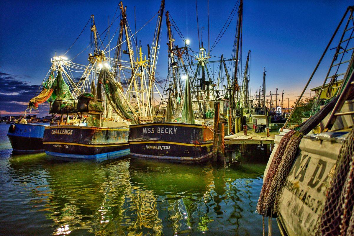 Shrimp boats docked along a working Texas waterfront at dusk